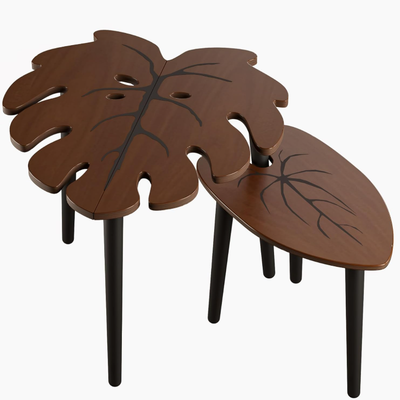 Leaf Nesting Tables Set of 2, Small Side Tables f Set with Leaf Vein Pattern, Modern Wooden CoffeeTables for Living Room Bedroom Apartment Balcony Yard